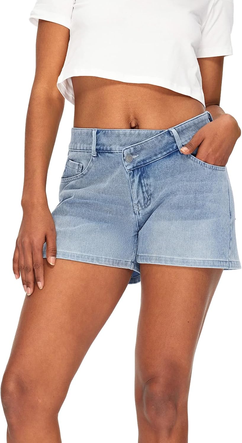 Fanica Womens Low Rise Jean Denim Shorts | Stretchy,Crossover Waist,Casual Summer Jorts