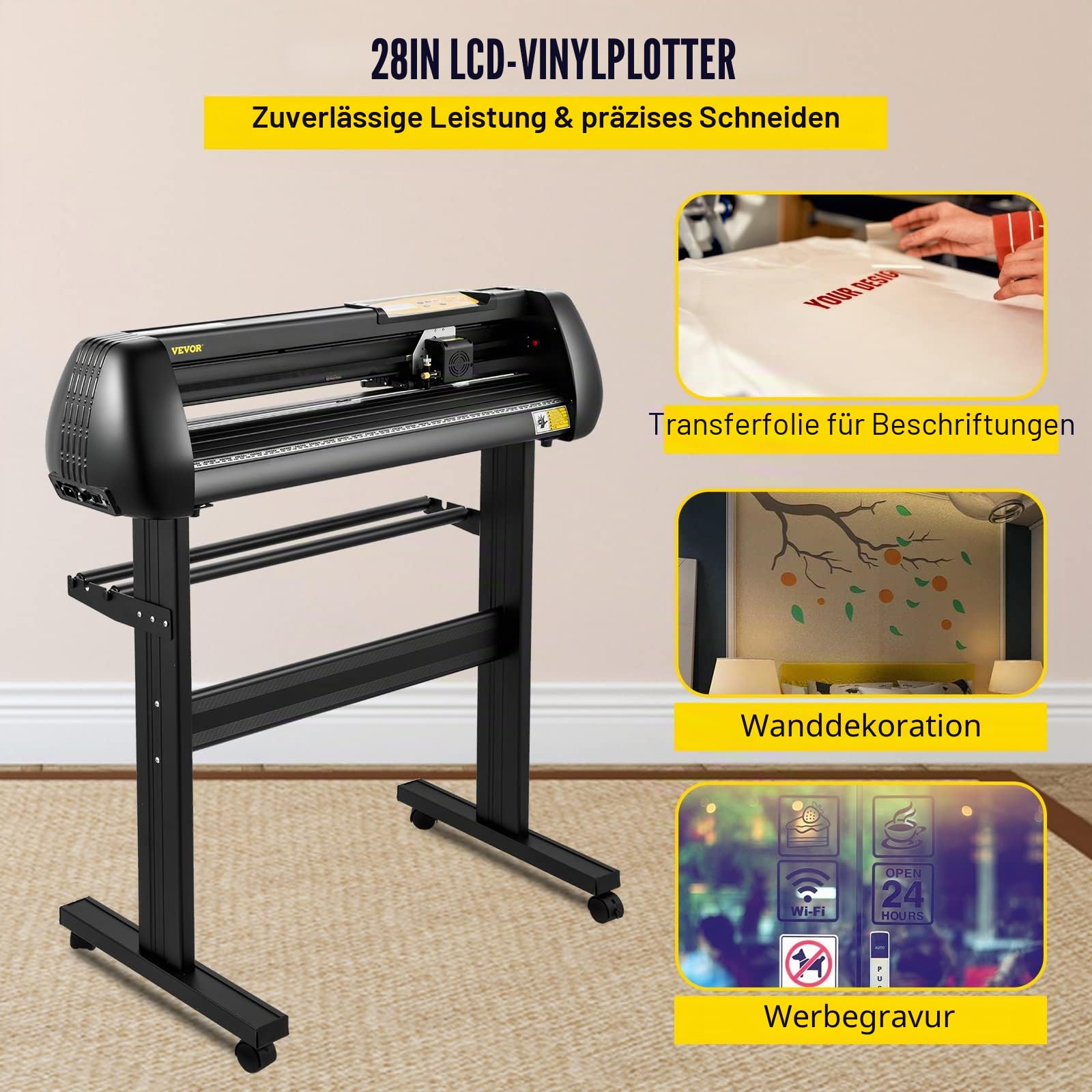 VEVOR Vinyl Schneidemaschine Schneideplotter 720 mm SignMaster Bodenständer, Schnittkraft 10-500 g, Schrittmotor, fünf Vinylrollen, 16 MB, 13,5 kg, Schwarz, 95 x 52 106 cm