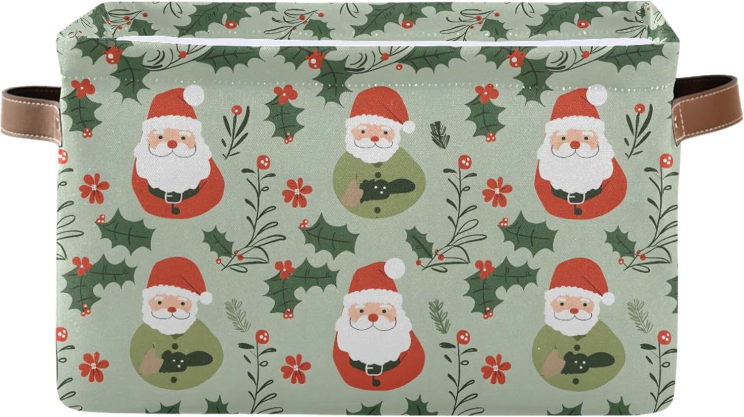 MNSRUU Storage Basket Santa Claus Green Collapsible Organizer Basket for Shelves with PU Handles, Decorative Waterproof Nursery Laundry Storage Cubes Bins, 2 Pack