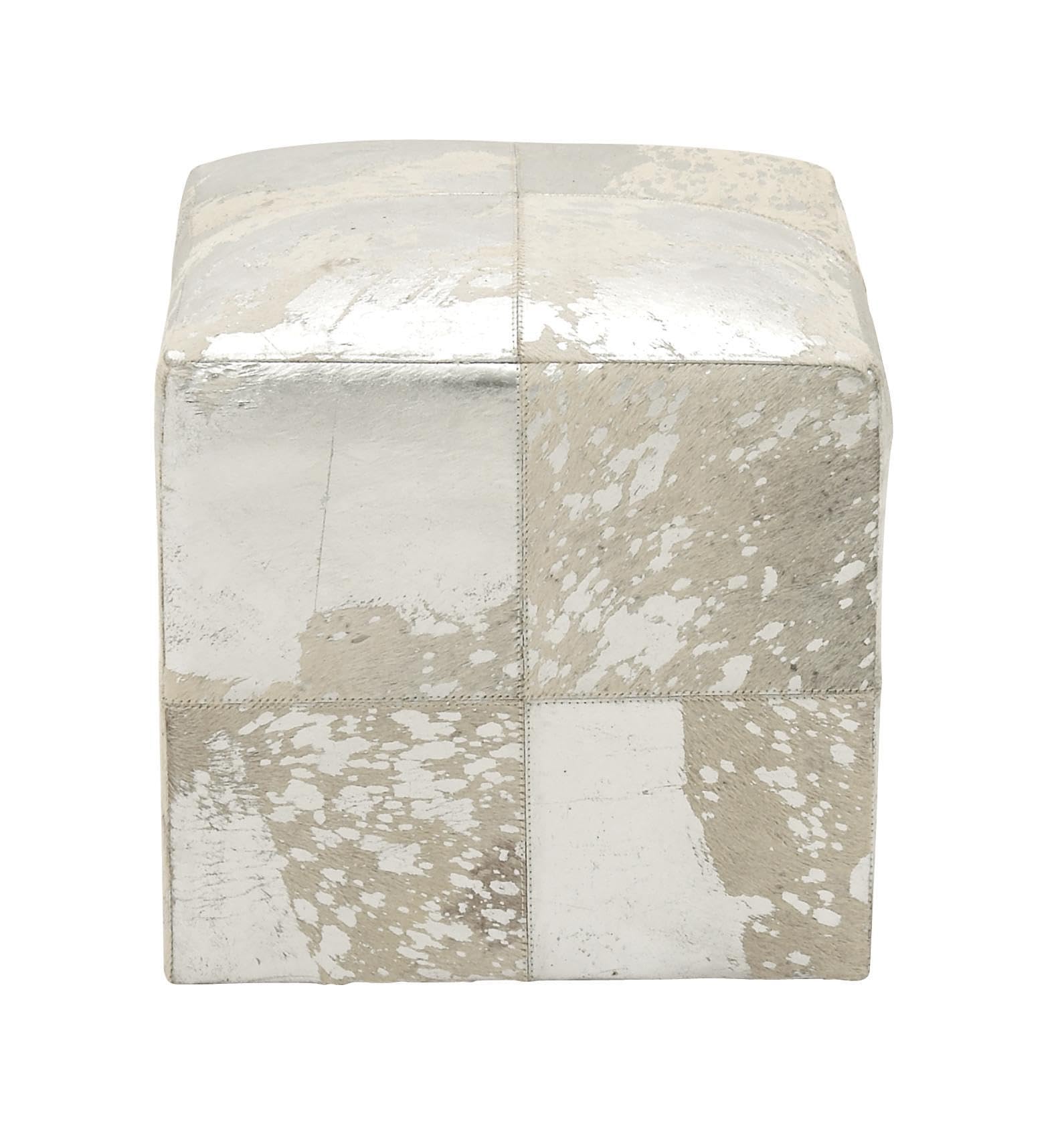 Deco 79 Leather Handmade Stool with Silver Foil Paint, 16" x 16" x 17", White