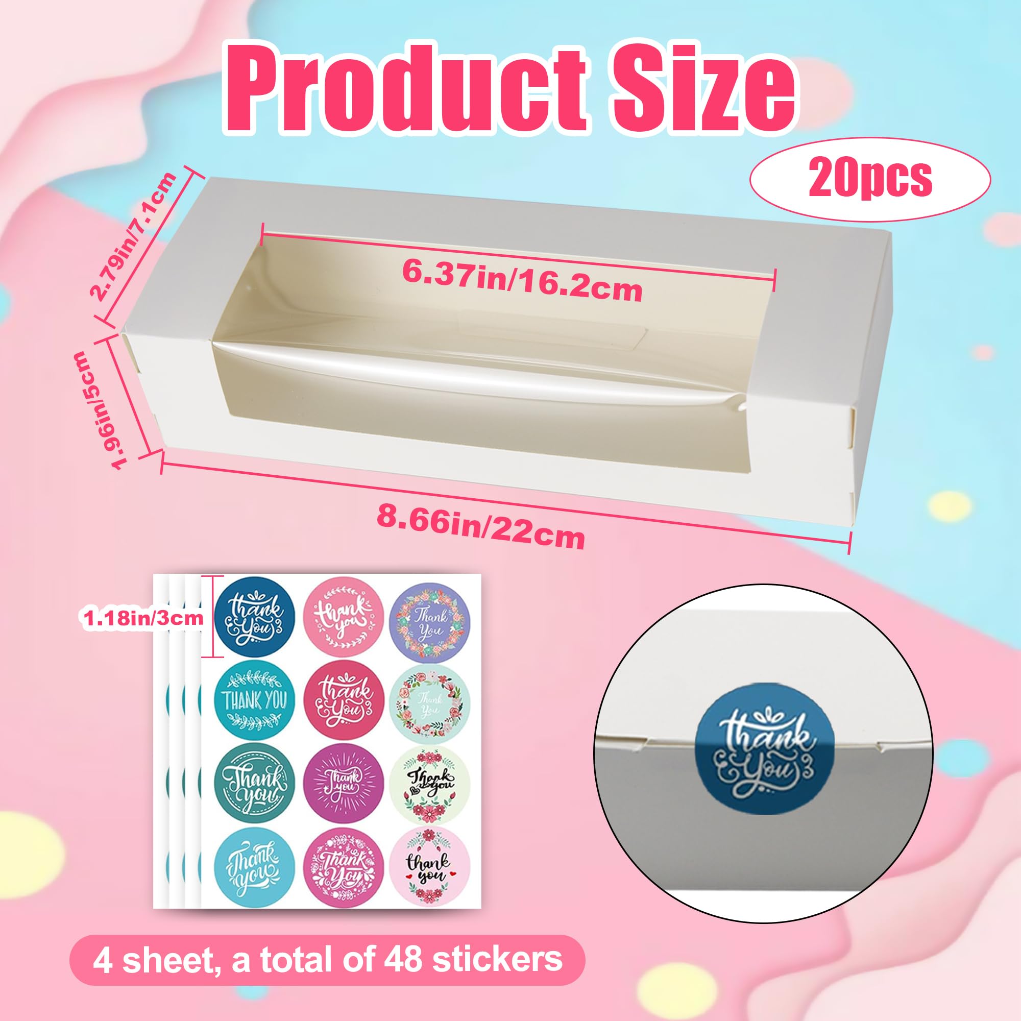 Lot de 20 boîtes à macarons pour 7 macarons avec autocollants, 21,8 x 7,1 x 5,1 cm, petites boîtes à dessert avec fenêtre, emballages de pâtisseries pour cupcakes, muffins, beignets