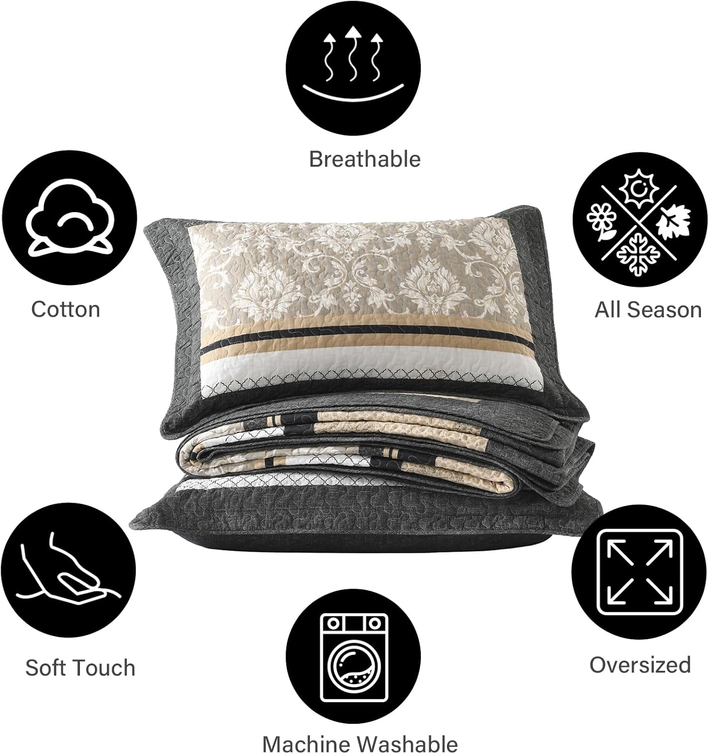 PANGUSHAN Quilt Set King Size - 100% Cotton King Comforter Set, Striped Farmhouse Bedspread with 2 Pillow Shams, Reversible Lightweight Bedding, King Bed Spread for All Season, Charcoal/Beige/Gray