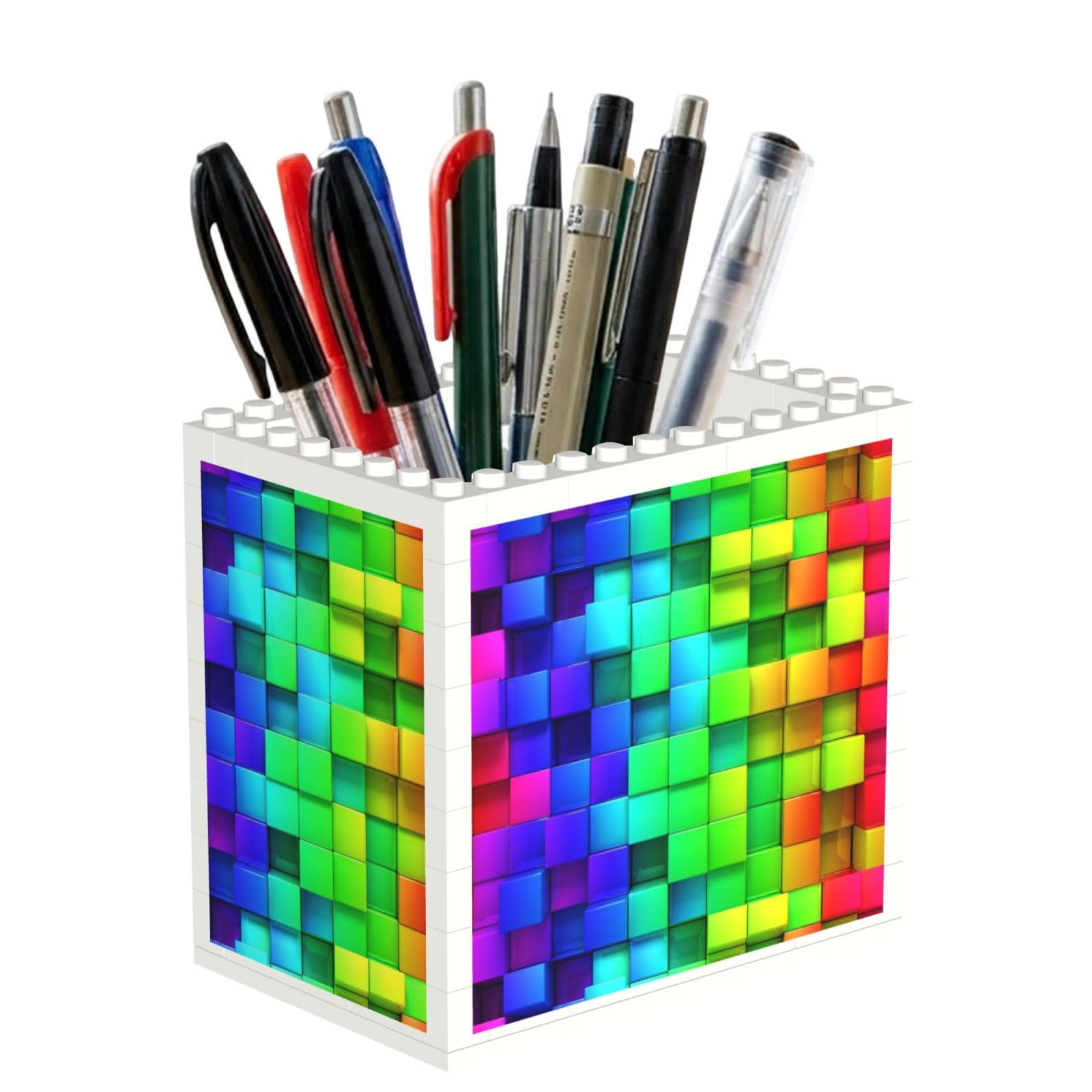 Poadnly Rainbow Color Plaid, Pen Pot Pencil Holder for Office Home School, Compact Desk Organiser for Office Stationery