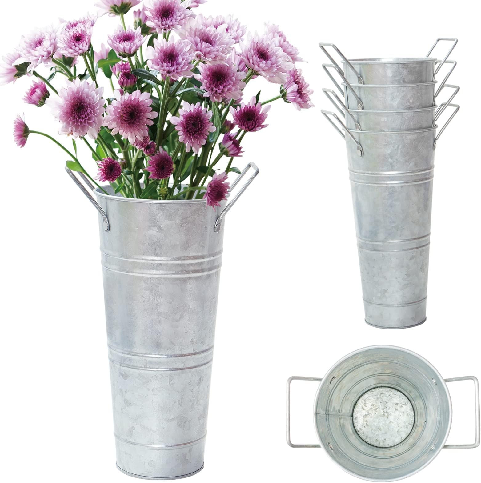 Notakia Galvanized Metal Vases Farmhouse French Bucket Flower Vases 9", Set of 4 - Rustic Style Metal Flower Holder for Home Decor and Wedding Table Centerpiece Decorations (9" Set of 4)