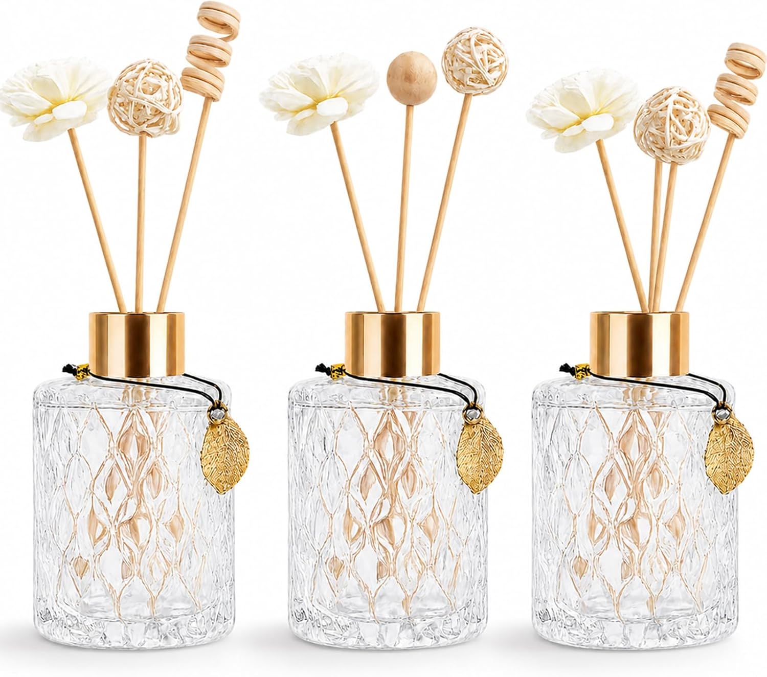 Glass Reed Diffusers Bottles for Home, Diffuser Bottles with Reed Diffuser Sticks Set, Vintage Embossed Apothecary Style Flower Bud Vases with Cork Lids, Set of 3