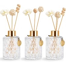 Glass Reed Diffusers Bottles for Home, Diffuser Bottles with Reed Diffuser Sticks Set, Vintage Embossed Apothecary Style Flower Bud Vases with Cork Lids, Set of 3