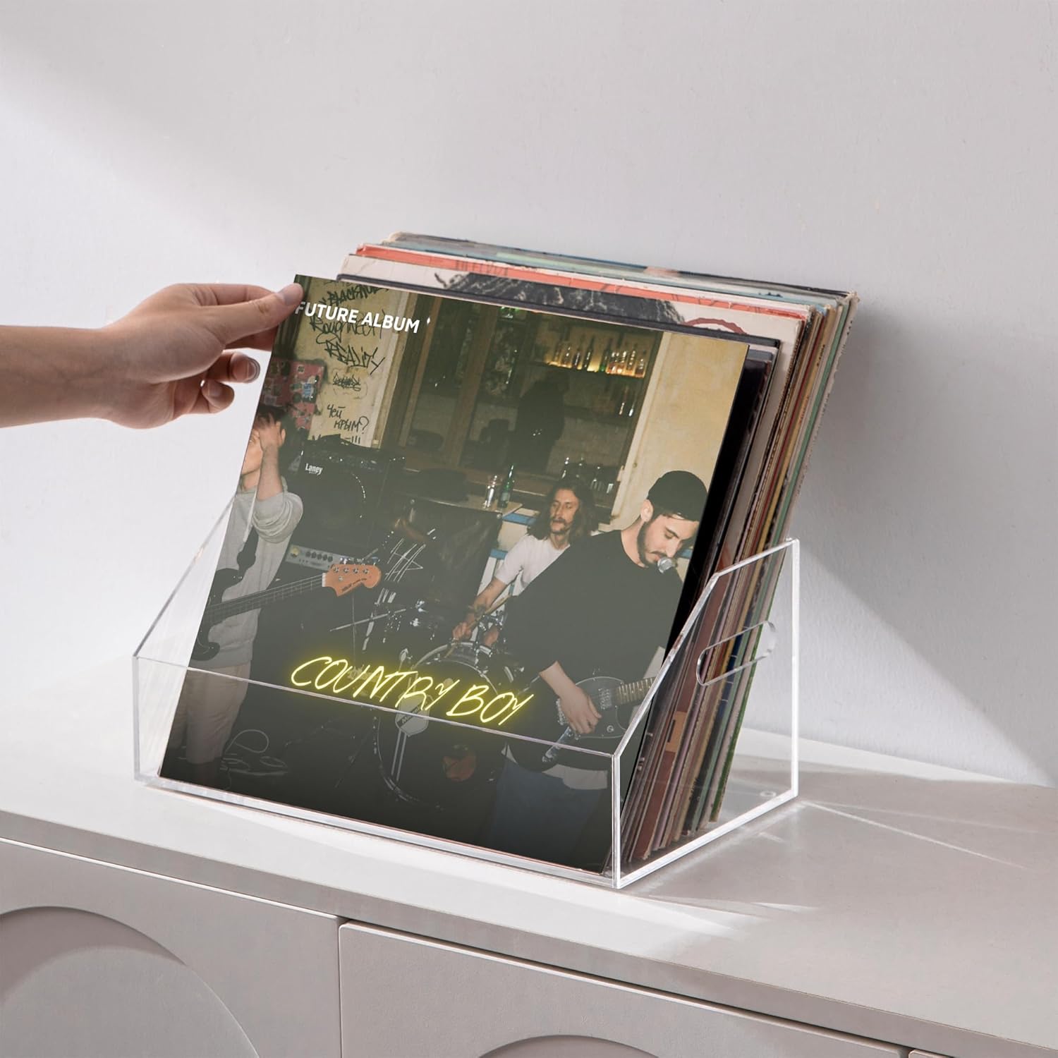 eletecpro No Assembly Acrylic Vinyl Record Storage Bin with Portable Handle, Fits 7/10/12 Inch and Holds Up to 40 LPs, Desktop Album Display Holder & Modern Multipurpose Organizer, Clear