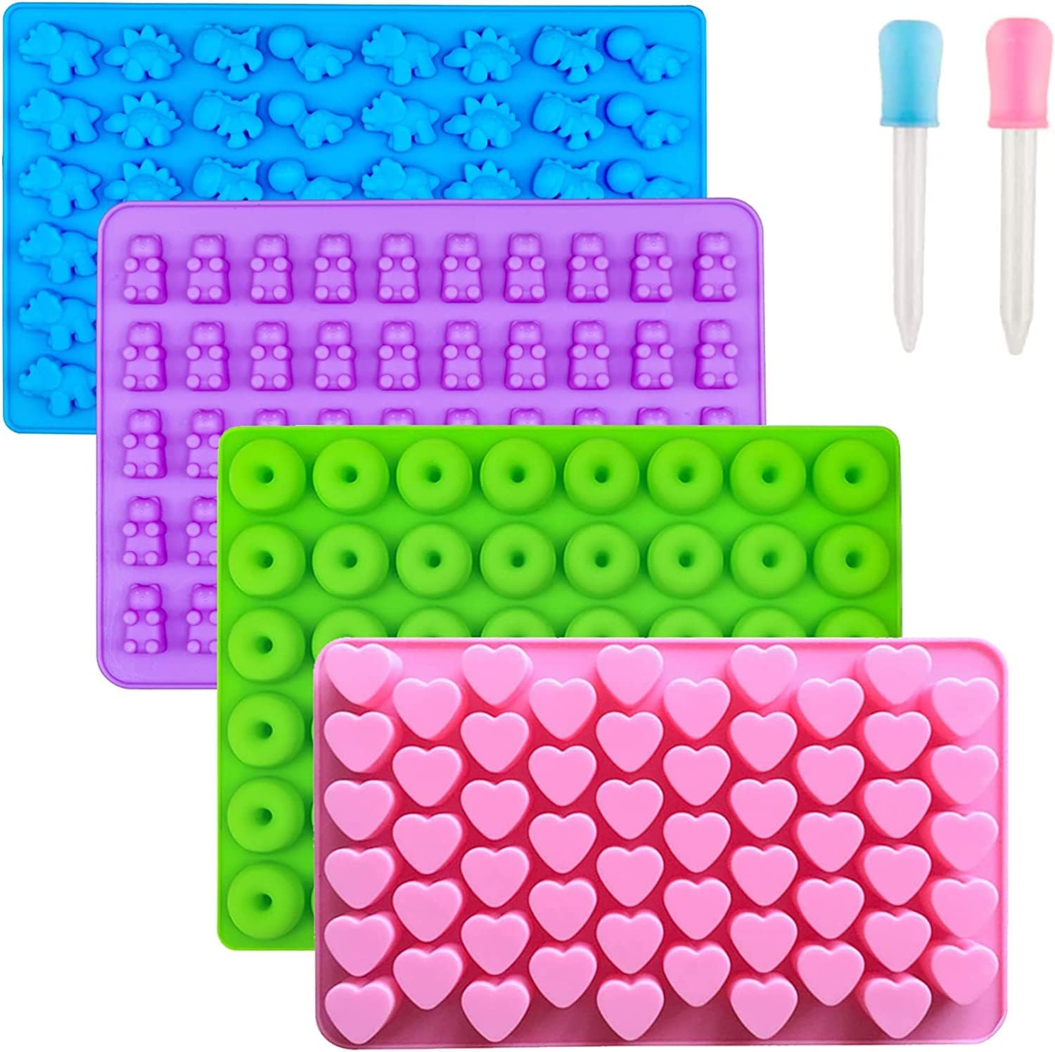 COOLBABY Gummy Bear Candy and Non stick Silicone Molds with 2 Droppers Including Mini Dinosaur, Bear Shape, Hearts and Mini Donut, Set of 4, bear set mold, YLY022-TG