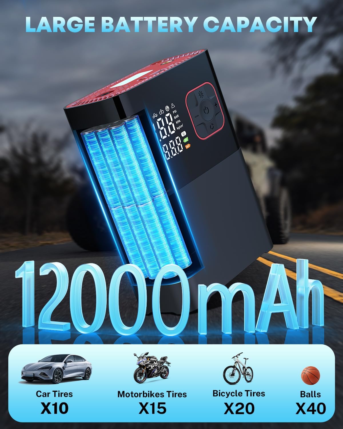 Kohree tire inflator with 12000mAh battery capacity and charging capabilities
