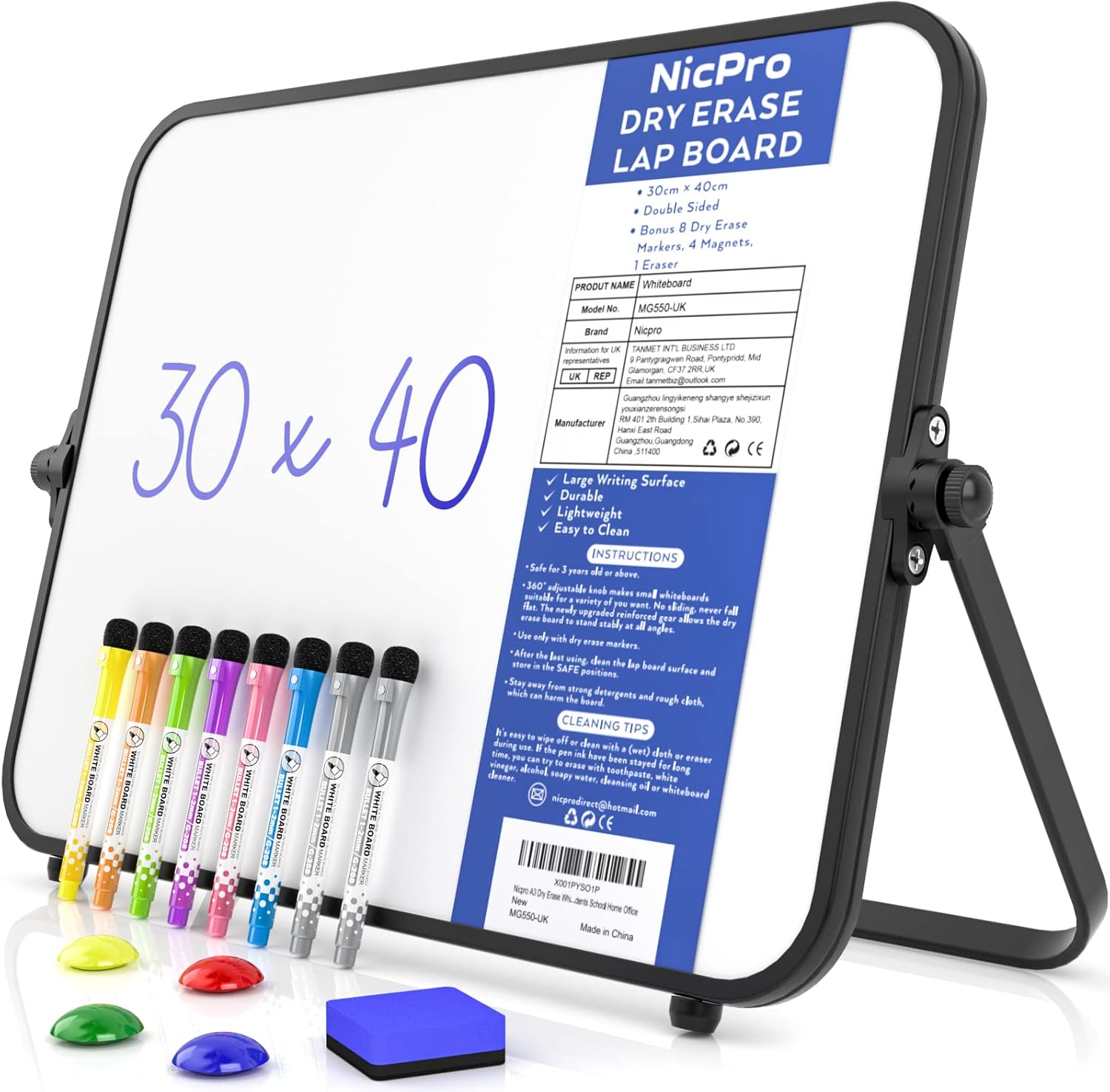 Nicpro Dry Erase Small Whiteboard A3 with NonSlip Stand, 30 x 40 cm