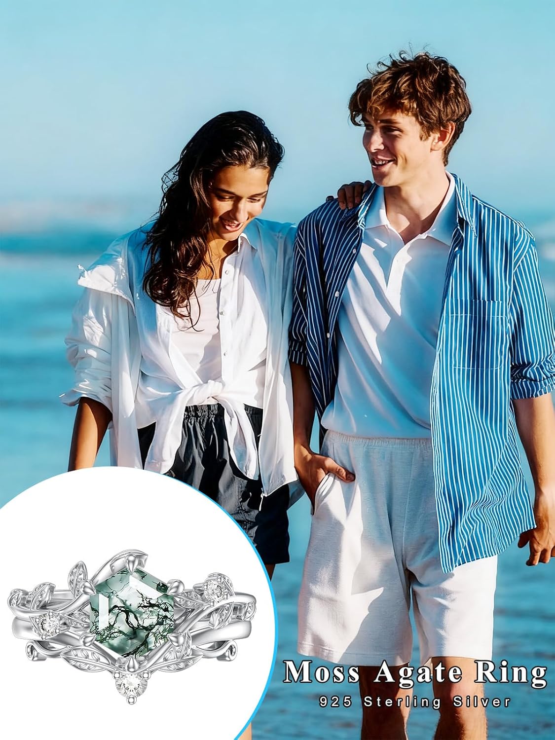Natural Moss Agate Ring for Women 925 Sterling Silver Pear/Oval/Kite/Heart/Hexagon/Emerald/Coffin Cut Green Leaf Moss Agate Engagement Ring Promise Bridal Set Anniversary Birthday Jewelry Gifts