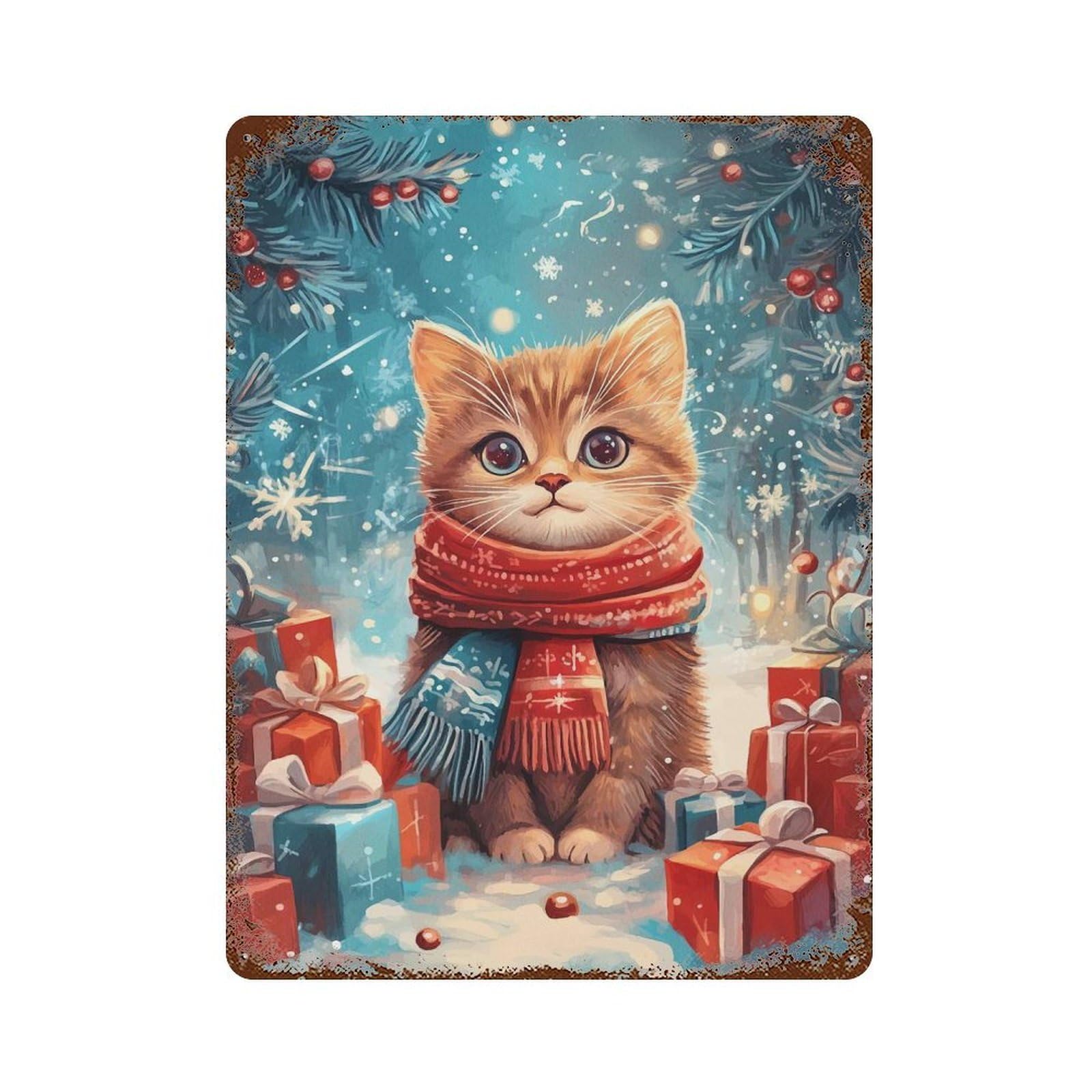 Christmas Kitten Distressed Metal Wall Sign 15.7"x11.8", Industrial Home Decor for Garage, Pub Or Kitchen