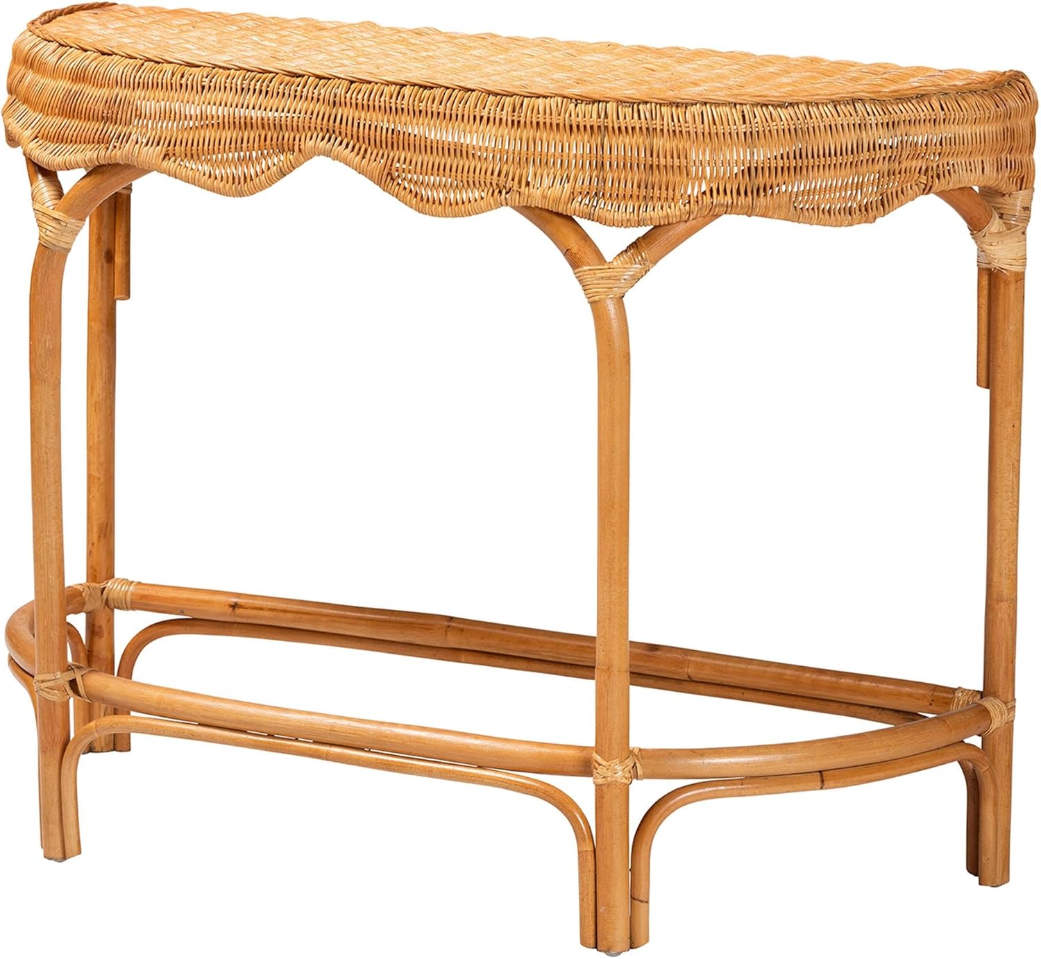 Bali & pari Wakana Natural Rattan Console Table - Handwoven Wicker Half-Moon Entryway Accent Table with Scalloped Edge Detail, Light Honey