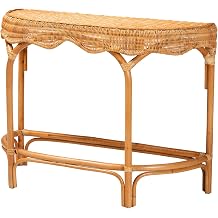 Bali & pari Wakana Natural Rattan Console Table - Handwoven Wicker Half-Moon Entryway Accent Table with Scalloped Edge Detail, Light Honey