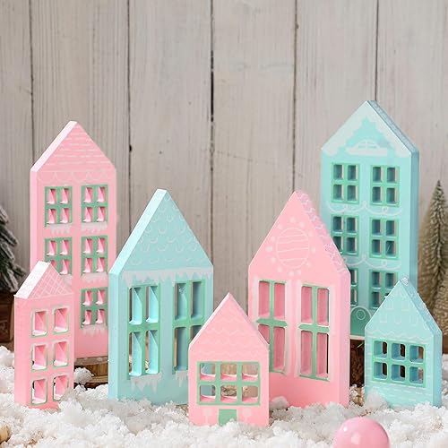 7 piezas de siluetas de madera de Navidad para repisa, bloque de casa de jengibre, decoración de mesa de pueblo de Navidad, adorno de estante de