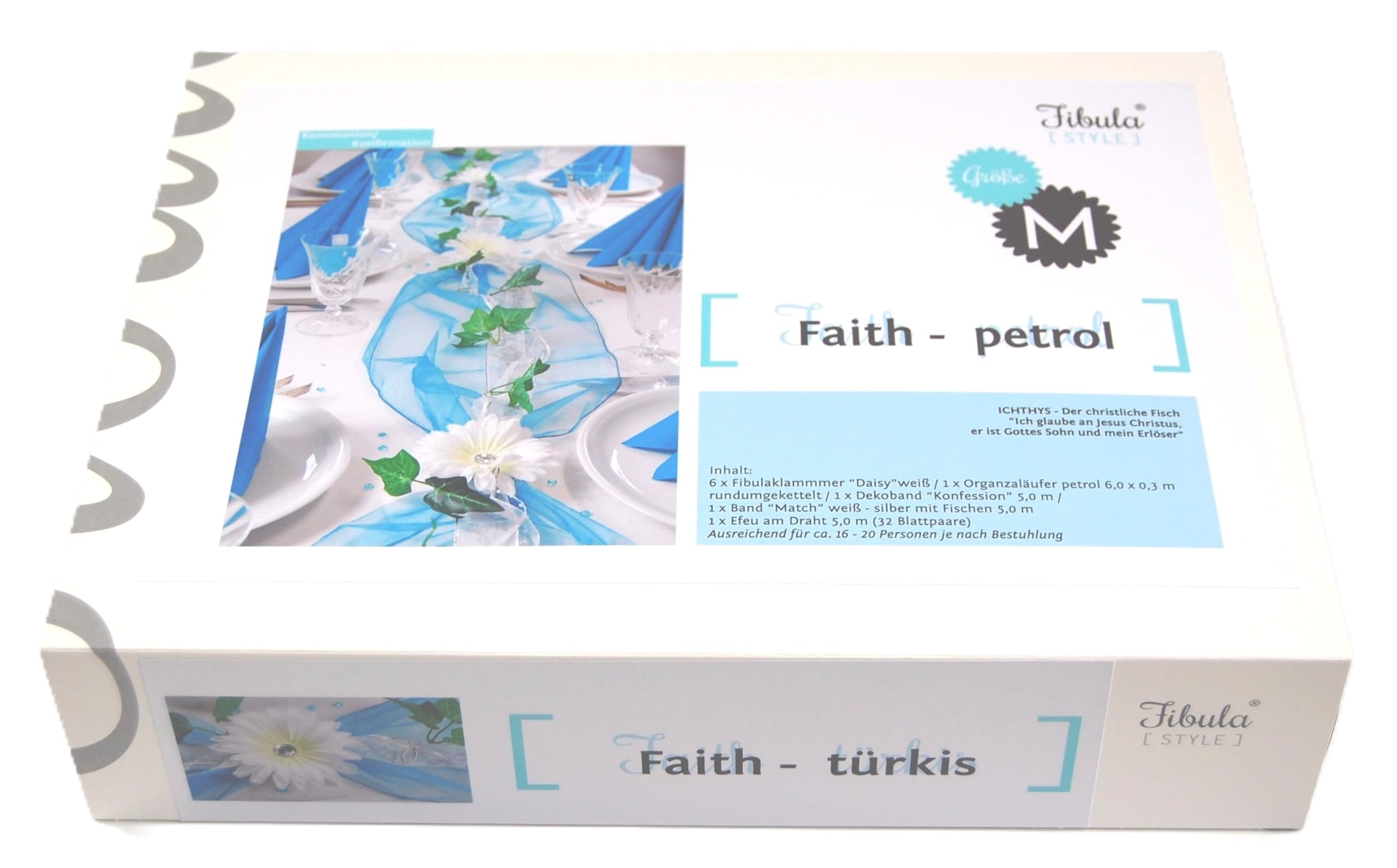 Tischdeko Komplett Set Faith türkis-Petrol für 16-20 Personen Kommunion Konfirmation Taufe