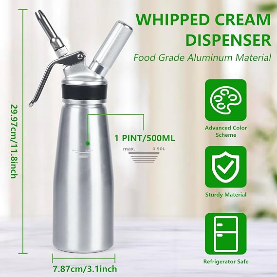 Homemade Whipped Cream Dispenser,Large 500ml / 1 Pint Capacity Cream Whip Canister with 6 Decorating Nozzles and Cleaning Brush,Leak Free Whipped Cream Maker for Desserts, Dips, Sauces