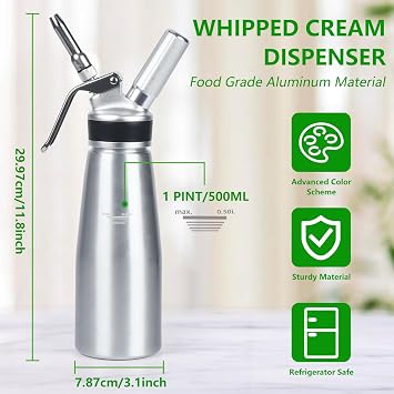 Homemade Whipped Cream Dispenser,Large 500ml / 1 Pint Capacity Cream Whip Canister with 6 Decorating Nozzles and Cleaning Brush,Leak Free Whipped Cream Maker for Desserts, Dips, Sauces