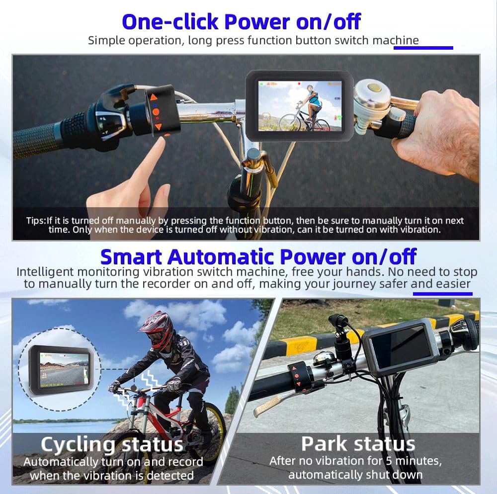 VSYSTO Bicycle Camera, Selfie Mode, Auto Power on/Off, WiFi GPS HD 1080P Front and Rear View Camera 4 Inch Screen Bike Dash Cam, Assisted Driving Mode, Temperature Display, G-Sensor, Wired Controller