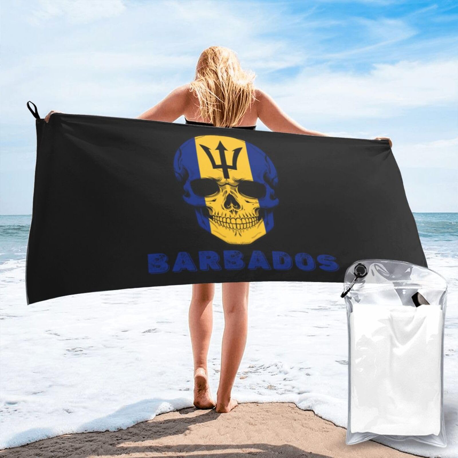 HACXZ Skull Barbados Flag Lightweight Absorbent Beach Towel Microfiber Beach Towel 27.5"X55"