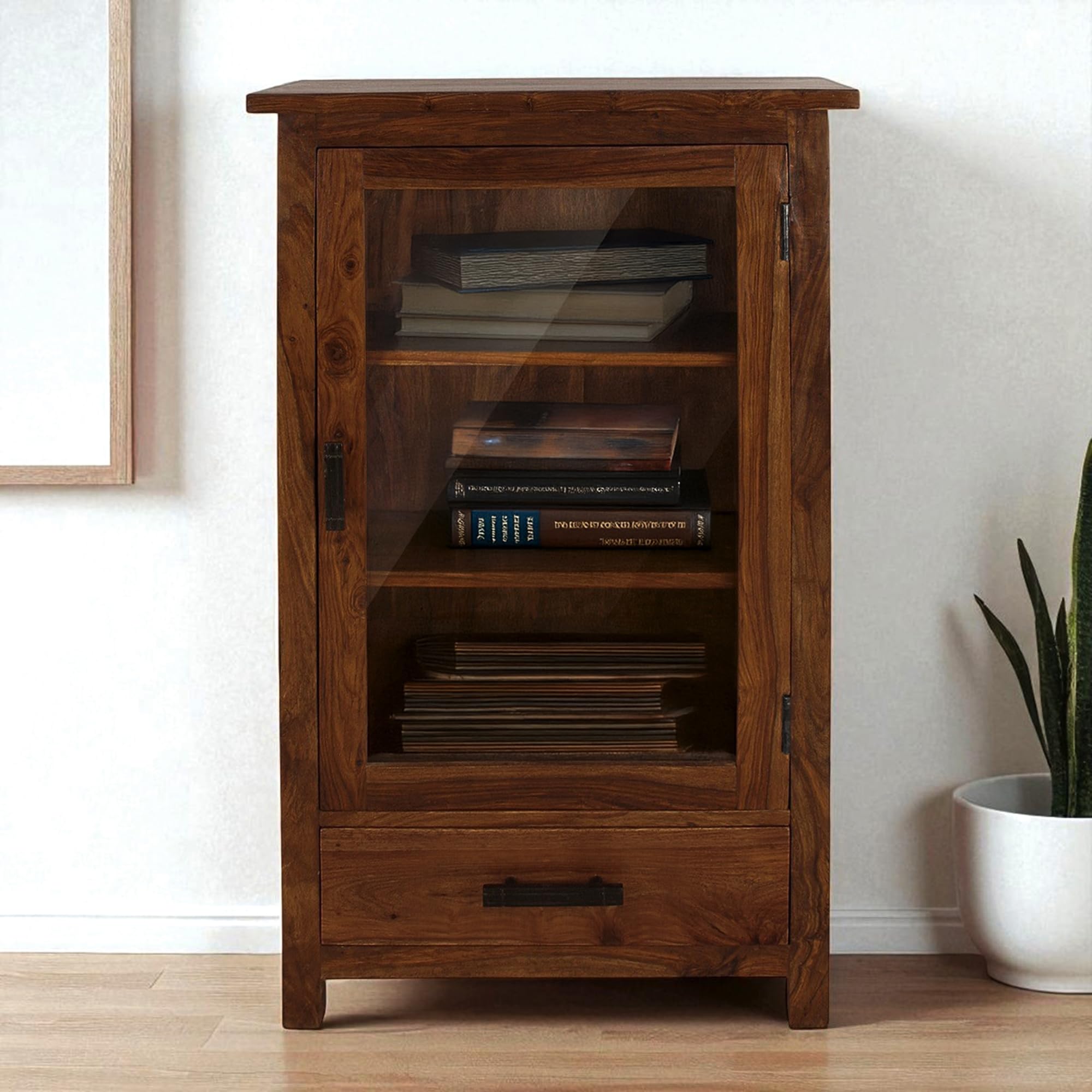 The Attic Sheesham Mini Glazed Bookcase, Multipurpose for Living Room Bed Room Study, Solid Wood, Honey Matte Finish