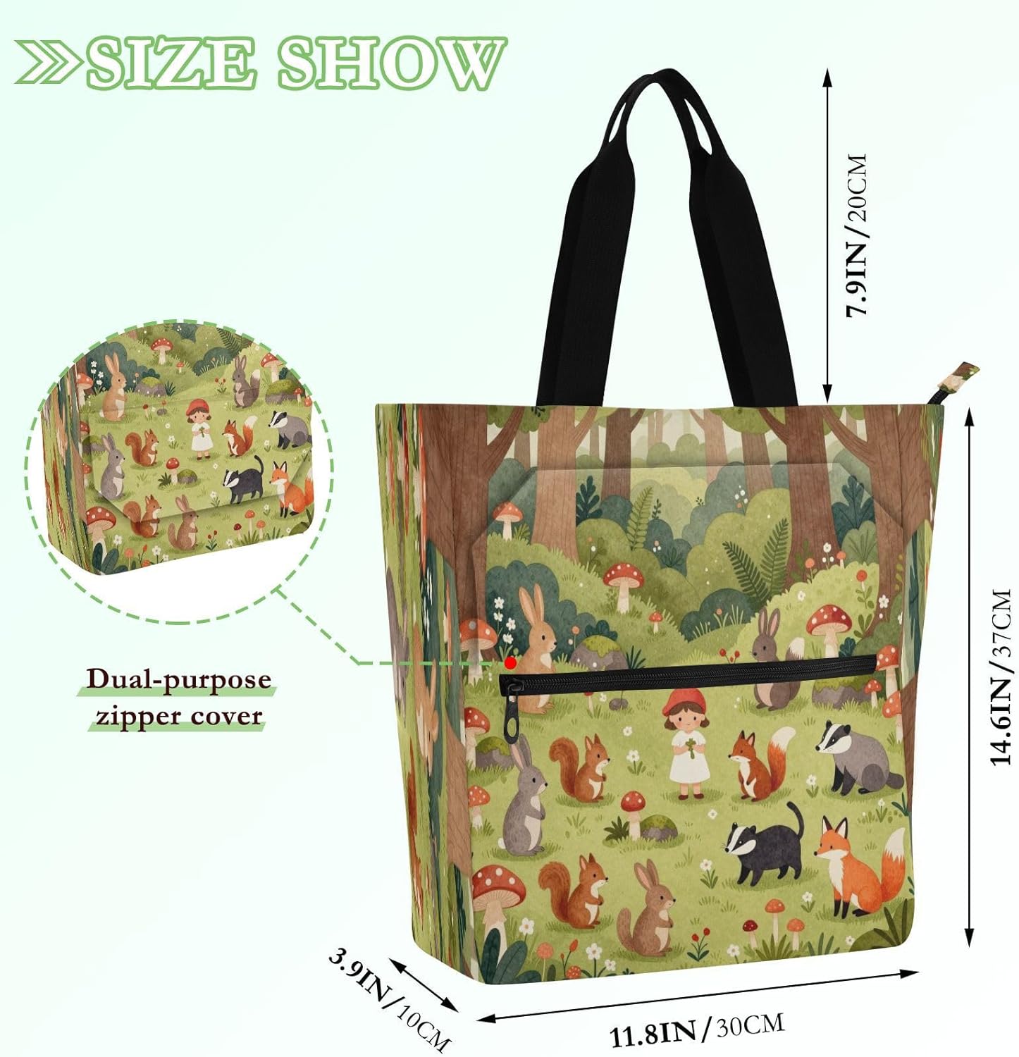 decorative Books Totes Book Bagfor Kids Students Adults forests Animals Fairy Scratch-resistant Reusable Shopping Bag with Zipper for School and Playtime