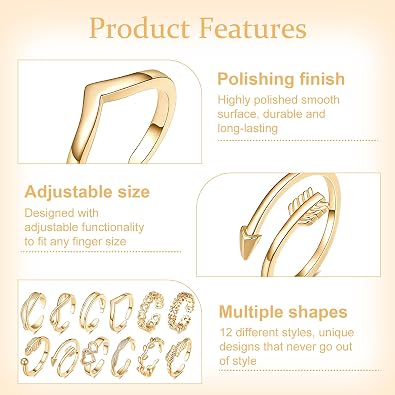 12PCS Adjustable Gold Plated Toe Open Rings Valentine's Day Gifts for Women Girls Stackable Finger Jewellery Knuckle Rings Floral Heart Arrow Patterns Summer Beach Foot Jewelry Birthday for Mum Ladies