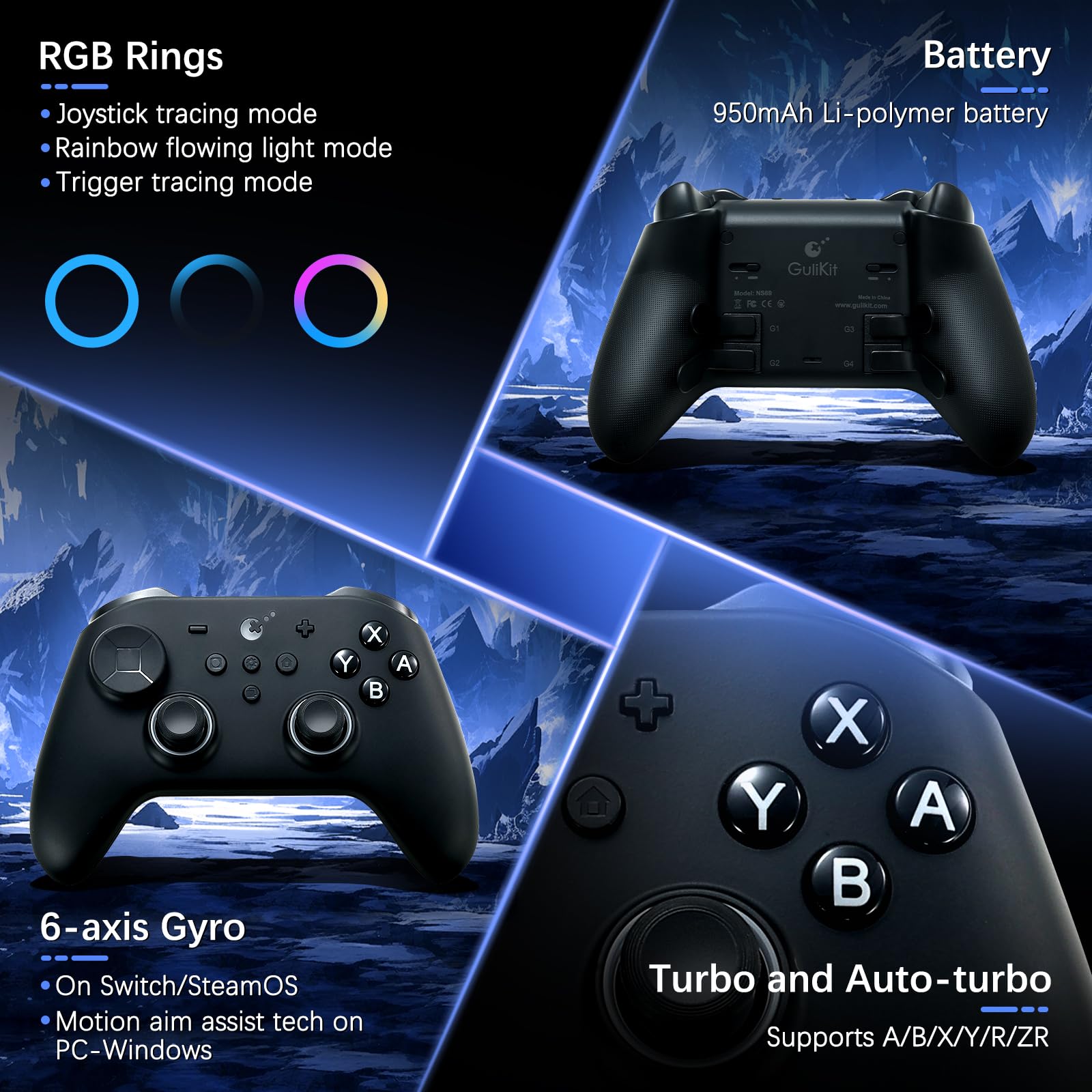 GuliKit TT MAX Manette Sans Fil (Rev.) pour Switch 2/1, PC, Android, iOS, SteamOS avec Joysticks TMR à Tension Réglable sur 720°, 4 Boutons Arrière, Hyperlink 2 pour une Faible Latence de 2,16ms–Noir