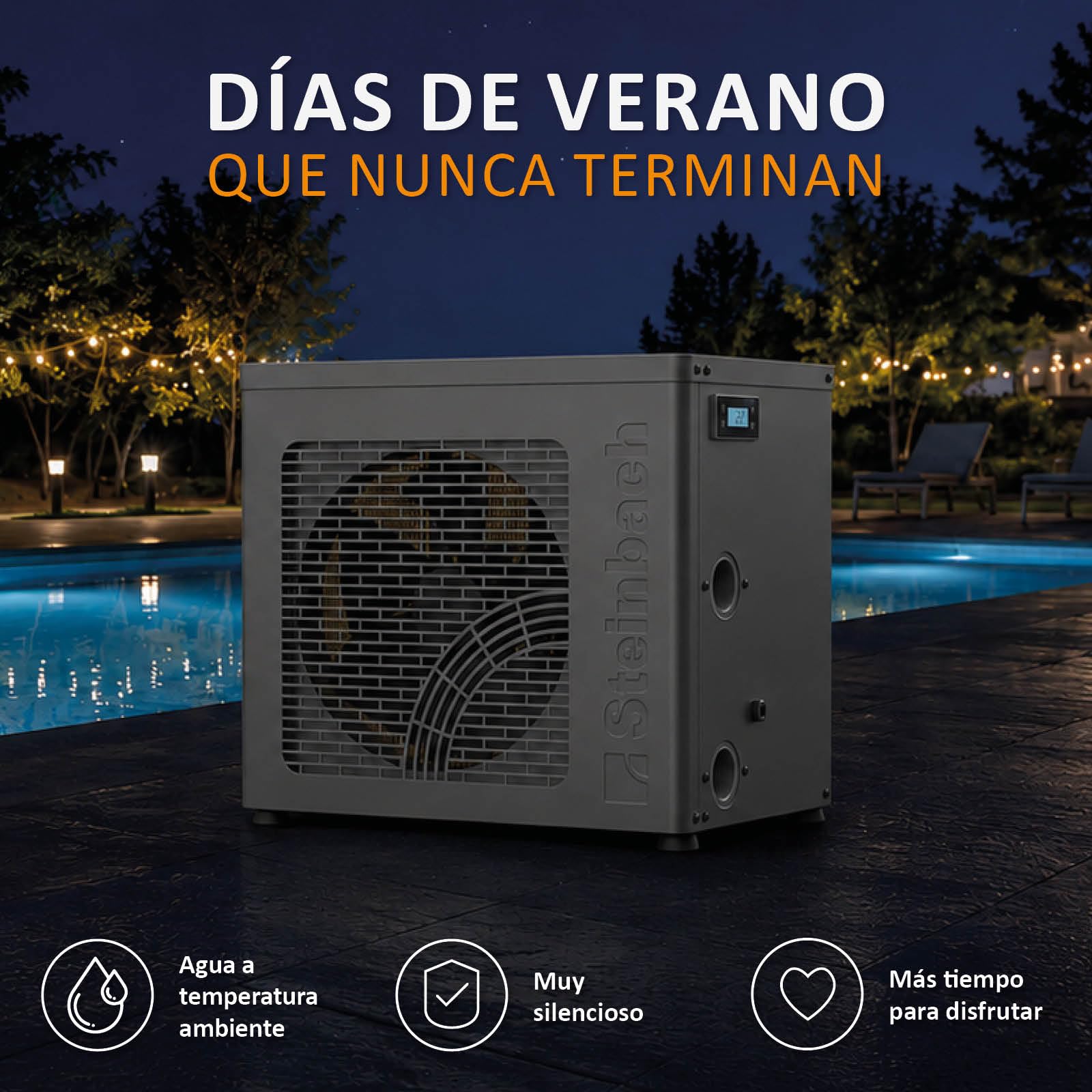 Steinbach Startis Style 049400Z - Bomba de Calor para Piscina de hasta 20.000 L 4,3 kW con Control por aplicación WiFi, Segura para Agua Salada, refrigerante R290 eficiente