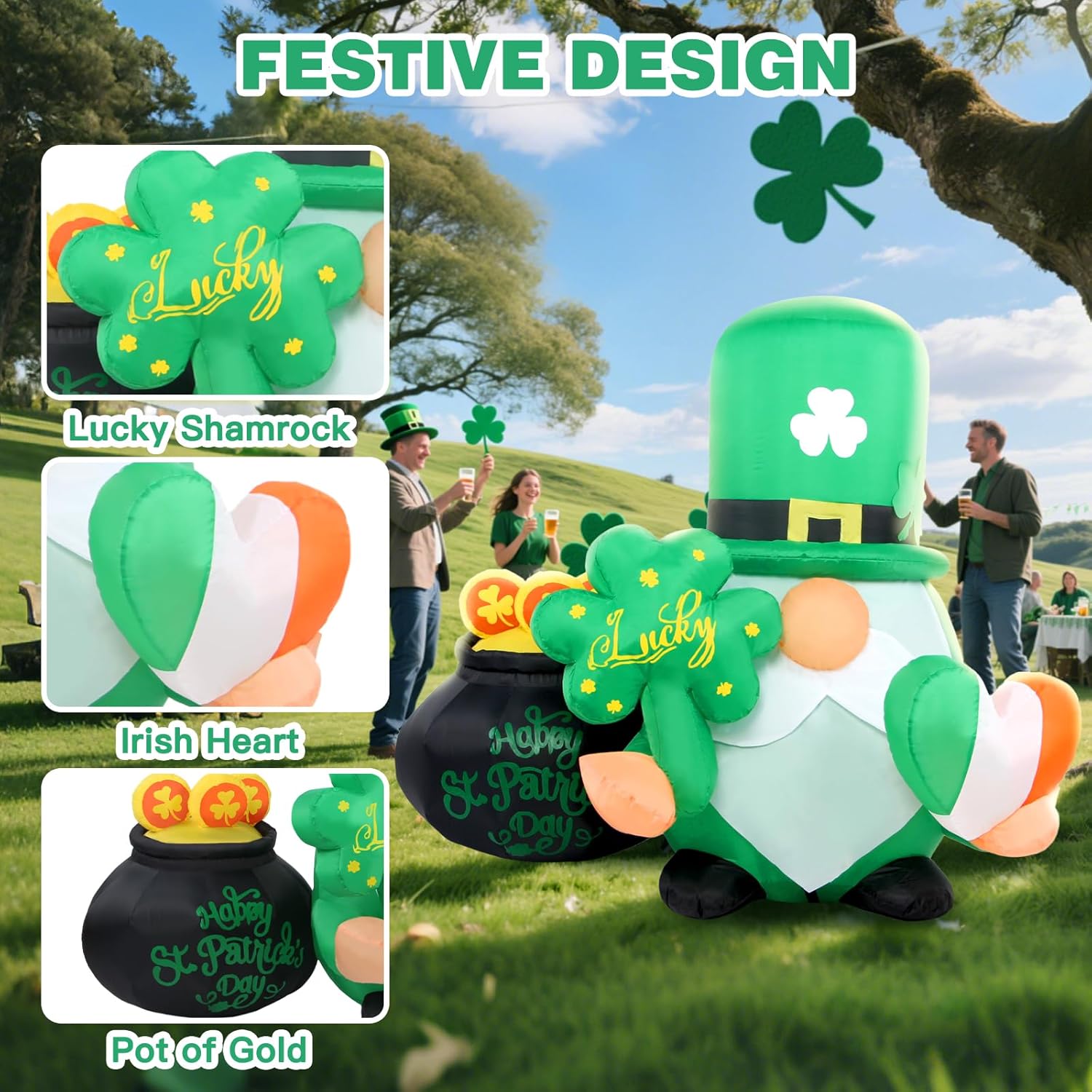St Patricks Day Inflatables Outdoor Decorations, 4FT Inflatable Lucky Gnome Leprechaun with Shamrock, Pot of Gold & Irish Heart, LED Lights St. Patrick's Blow Up Yard Decor for Outside Garden Lawn