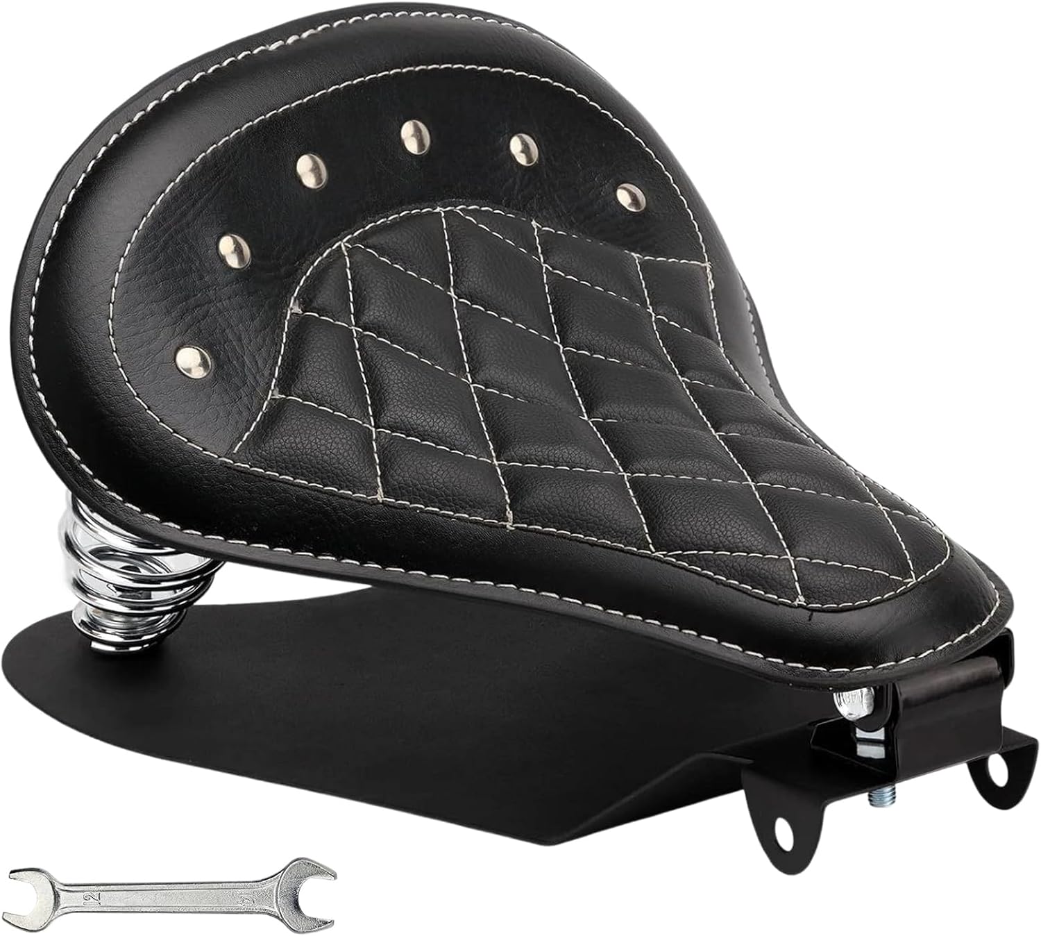 Motorcycle Solo Drive Seat Black Rhombus Leather Bobber Cushion with Mounting Seatbase Spring Bracket Kit Replacement for Harley Davidson Sportster XL 1200 883 48 Chopper Custom