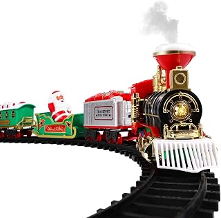 Electric Train Toy Christmas Electric Train Set with Sound, Smokes, Steam, Lights, Railway Kits w/Steam Locomotive Engine, Cargo Cars& Tracks, for 3 4 5 6 7 8+ Year Old Kids