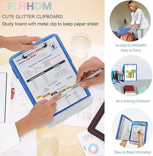Miniatura 7 de Portapapeles con purpurina con almacenamiento, portapapeles de almacenamiento con soporte para bolígrafos, tableros de clip A4 de 8.5 x 11 pulgadas