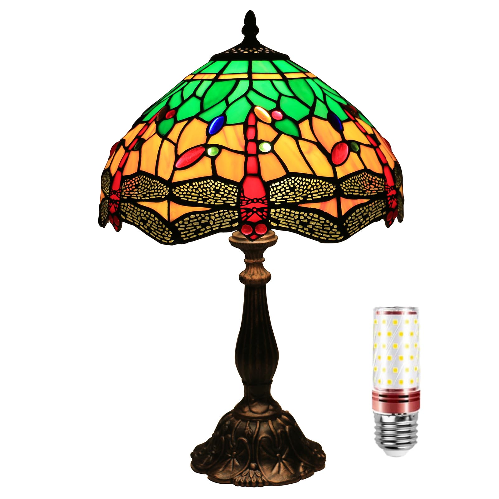 Aioneer Tiffany Style 12 Inch Stained Glass Grape Table Lamp For Living Room Bedroom Library Vintage Tiffany Lamps-Dragonfly B