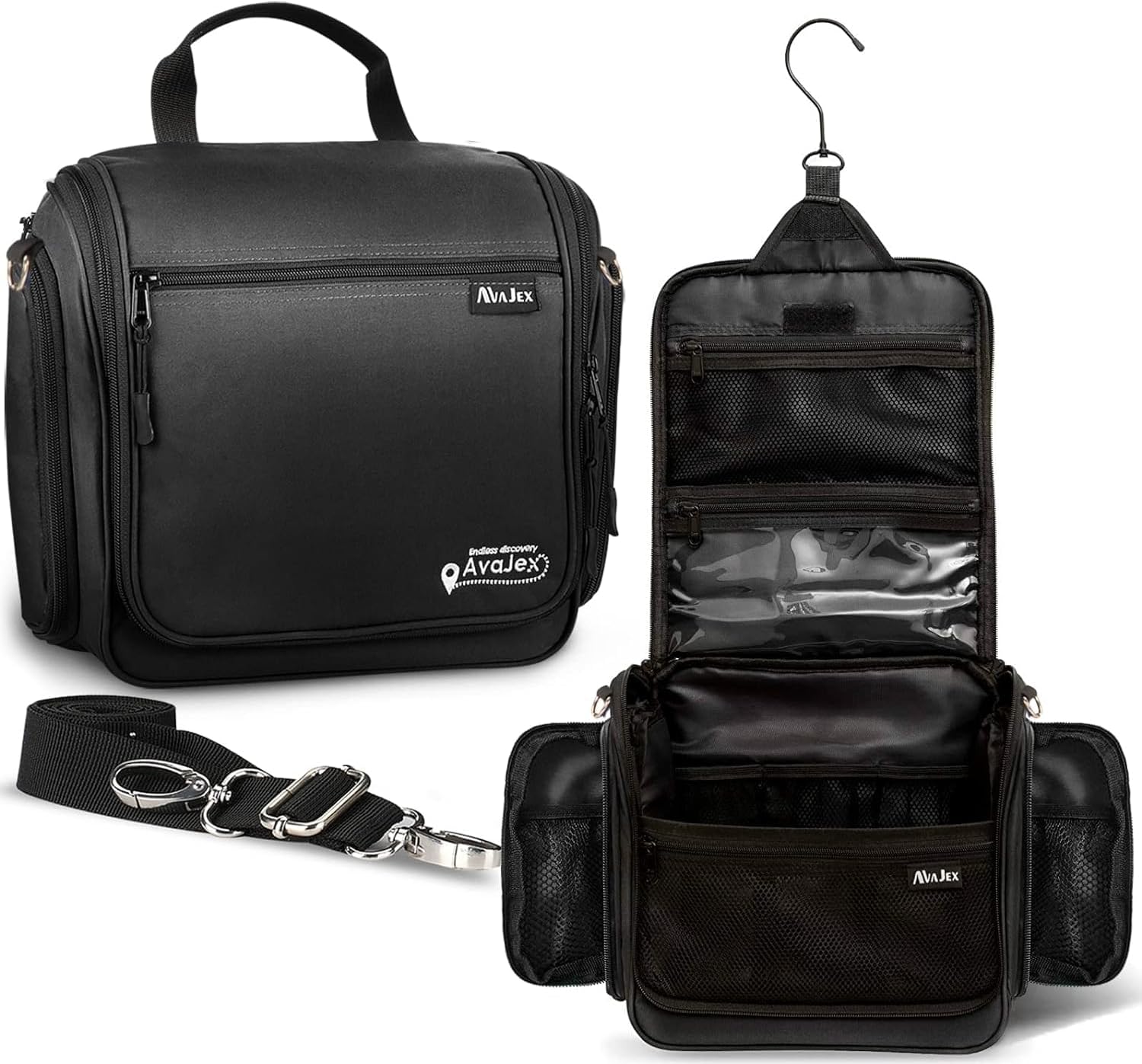 AvaJex 特大吊り下げ式トラベルトイレタリーバッグ 男女兼用 - ショルダーストラップ付き化粧品トラベルバッグ - 防水衛生バッグ メタルXxlスイベルフックとトイレタリー用19コンパートメント