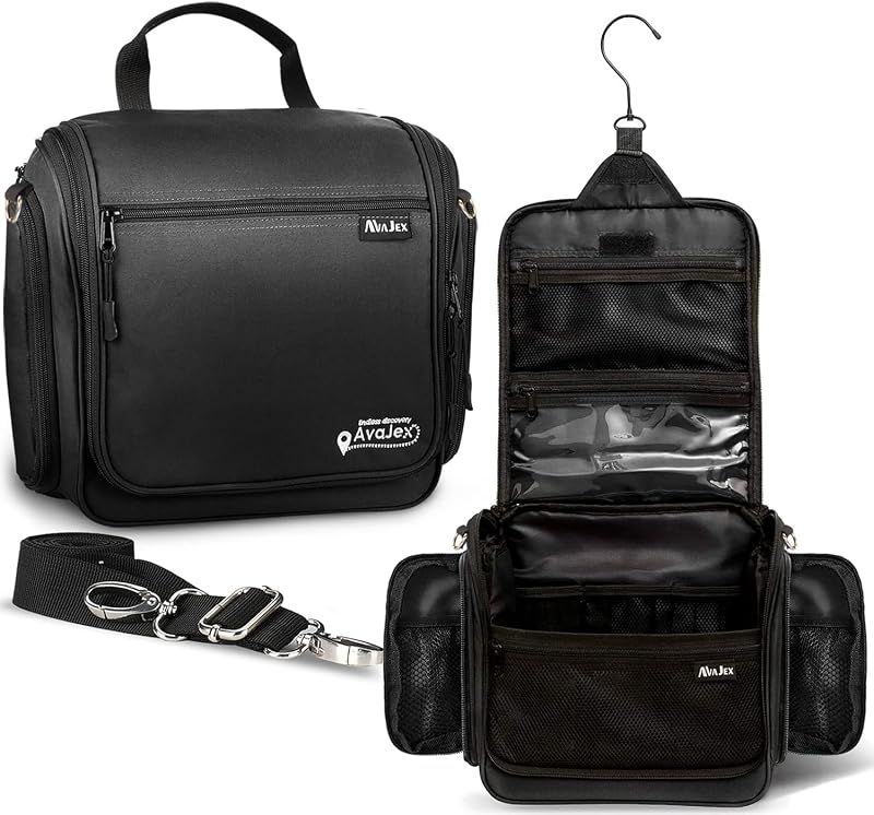 Necessaire de viagem suspensa AvaJex com alça e gancho metálico, 19 compartimentos, 30,99 x 30,99 x 10,16 cm