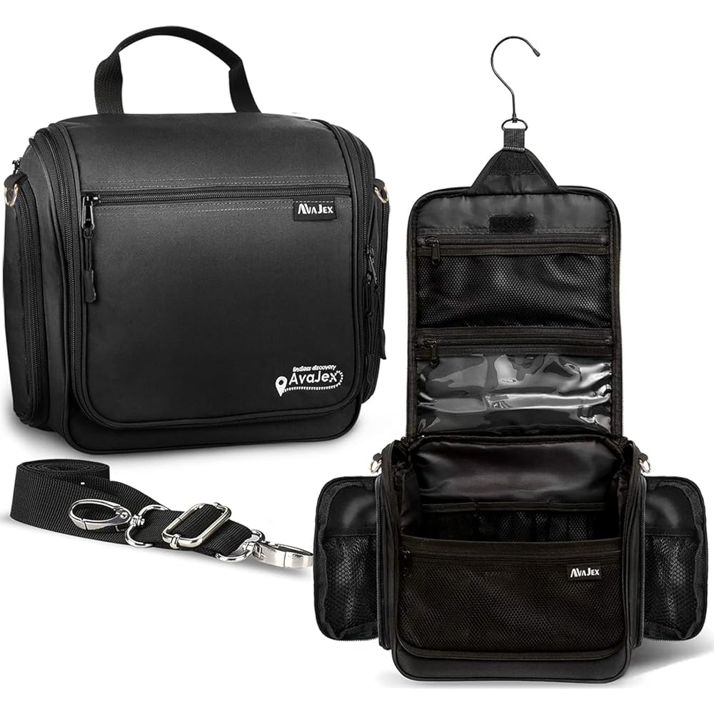Extra Large (11.8x11.8x4) Hanging Travel Toiletry Bag for Men and Women - Cosmetic Travel Bag With Shoulder Strap - Waterproof Hygiene Bag with Metal Swivel Hook and 19 Compartments for Toiletries