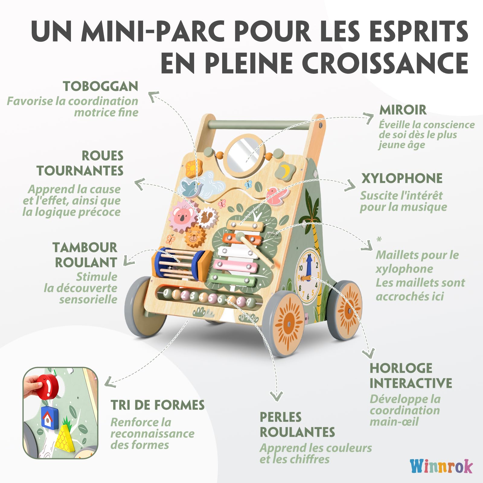 Chariot de Marche en Bois pour Bébé, Centre d'Activités Multiples Montessori, Trotteur Bébé Hauteur et Vitesse Réglables, pour Fille et Garçon de 6 Mois à 2 Ans, Cadeau pour Anniversaire et Noël