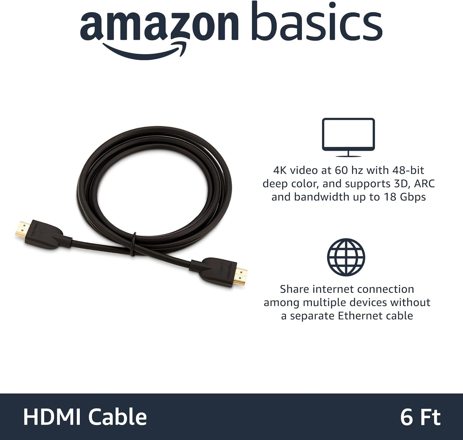 Amazon Basics High-Speed 4K Ultra HD HDMI 2.0 Cable/Cord, 6 feet, 1-Pack, Case of 84, 18 Gbps, 60 Hz, 2160p, 48 bit, Male-to-Male, Ethernet Ready, 3D, Black