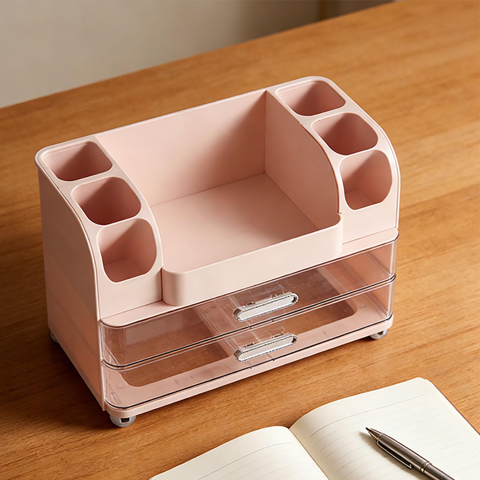 Organizador de Maquillaje, Organizador de Cosméticos de Gran Capacidad con Múltiples Compartimentos y Cajones Transparentes, de Tocador con Portaescobillas para Almacenamiento en la (Rosada)