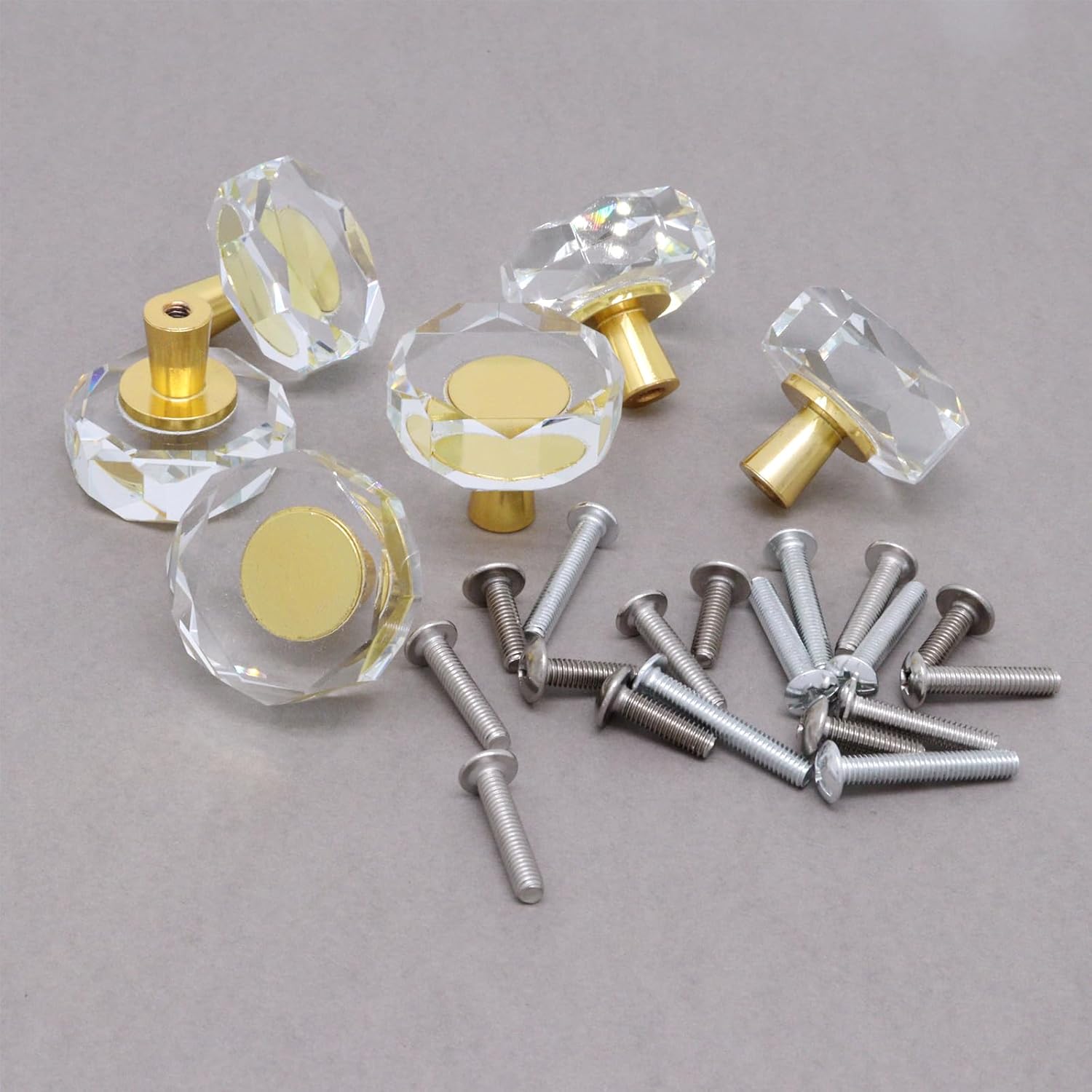 Glass Crystal Cabinet Knobs, 6PCS Drawer Knobs Pulls, Gold Solid Base Dresser Knob, Furniture Hardware Handle for Kitchen Cabinets Drawers Dresser Bathroom Cupboard Wardrobe Closet