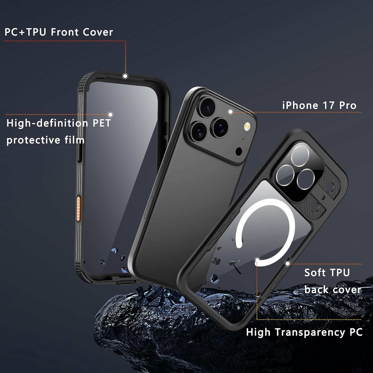 GOLDJU Magnetic for iPhone 17 Pro Case-Waterproof, Built-in Screen & Camera Protector-IP68 Underwater Full Body 16FT Military Dropproof Shockproof Case for 17 Pro 6.3''- Black - Image 6