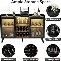 Vista 4 de Loomie - Gabinete de barra de vino con luz LED, gabinete de café para el hogar con estante de vino y soporte para vasos, aparador de buffet de Negro