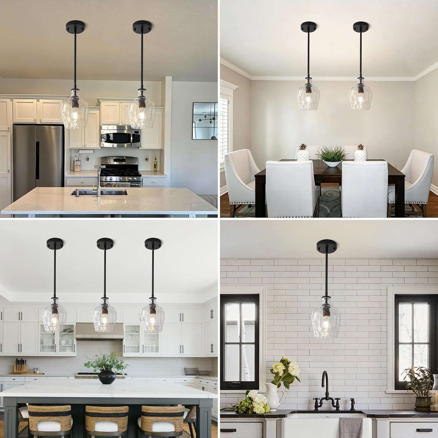 Black Pendant Lights Kitchen Island 2 Pack, Modern Hammered Glass Kitchen Pendant Lighting Over Island, Adjustable Hanging Island Lights for Kitchen, Sink, Entryway