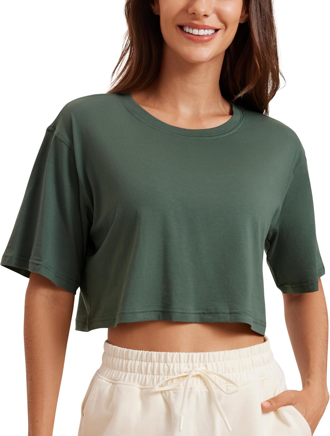 CRZ YOGA Women’s Pima Cotton Workout Crop Tops Short Sleeve Yoga Shirts Casual Athletic Running T-Shirts