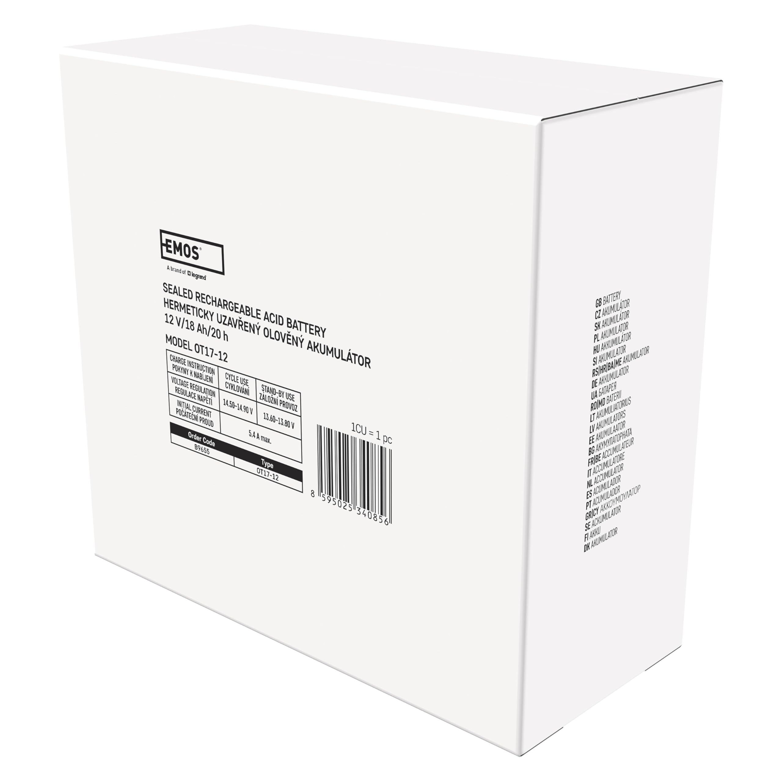 EMOS - Batterie au plomb sans entretien - 12V 18Ah - Batterie AGM - Pour éclairage de secours, systèmes d'alarme, appareils UPS - Contrôlé par valves, valves de sécurité - 181x77x167 mm