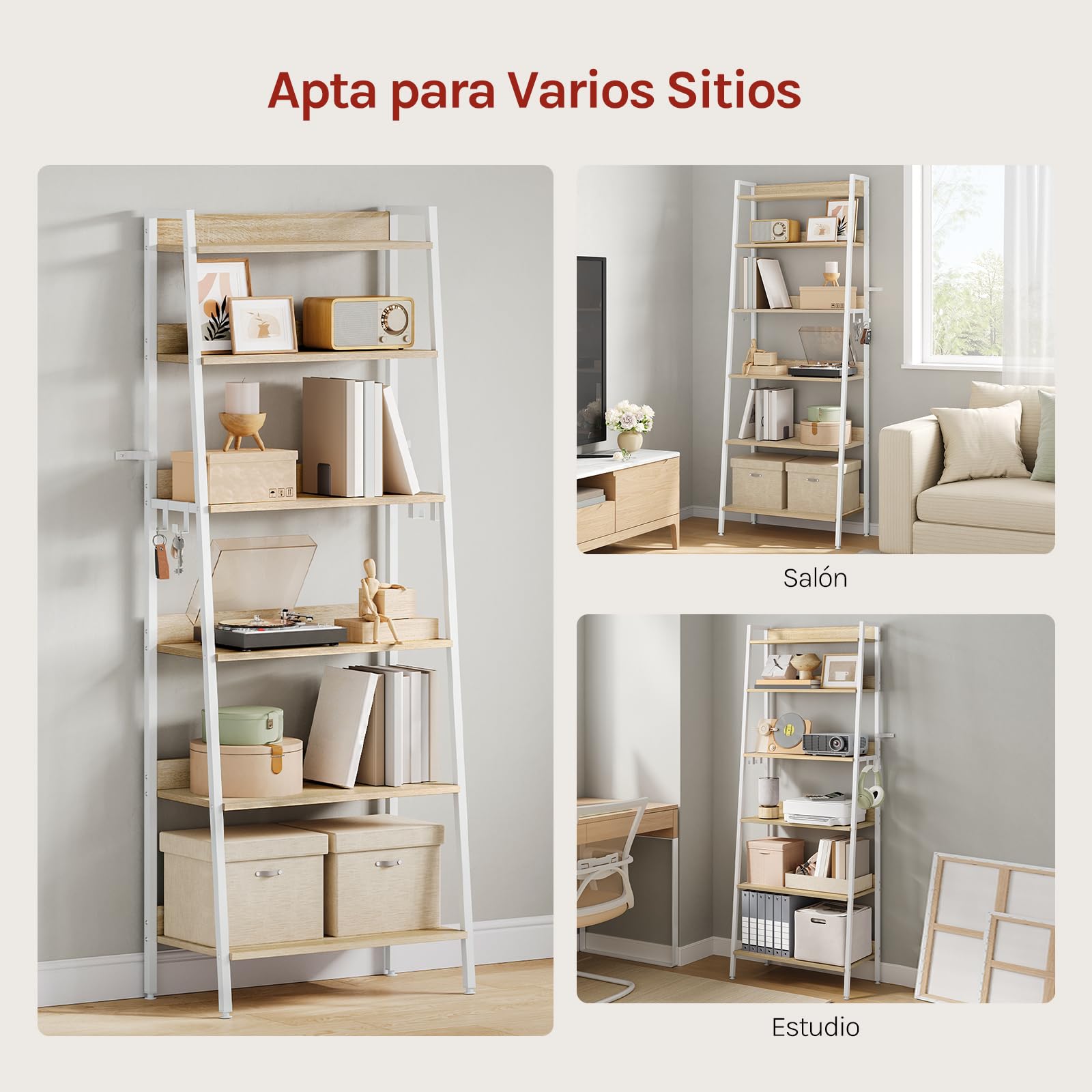 WOLTU Estantería de 6 Niveles, Estantes Madera Almacenaje, con 4 Ganchos, Estanteria Industrial para Salón, Estudio y Cocina, Marco Metálico, 64x36x187,5 cm Roble Claro + Blanco