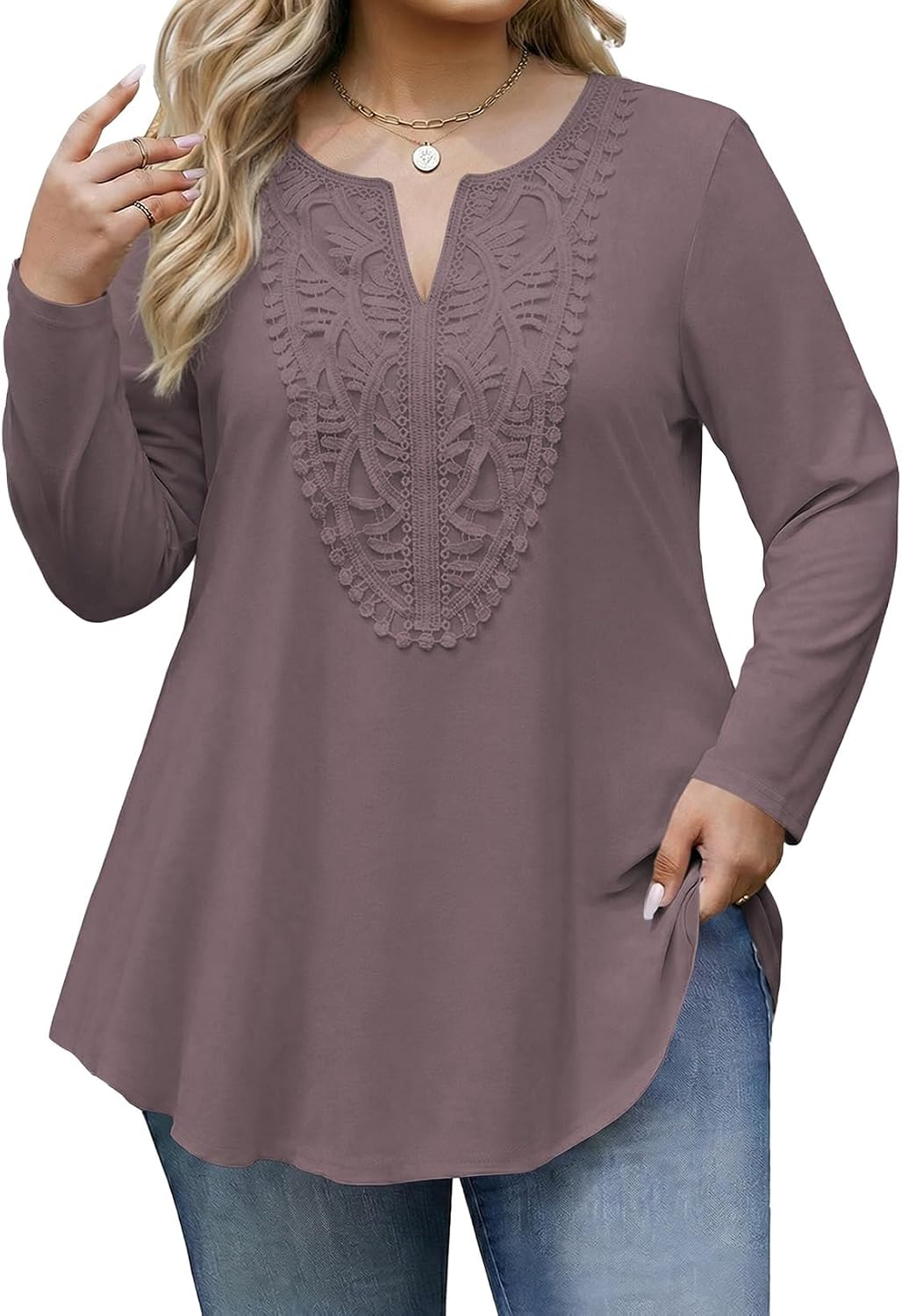 Eytino Womens Plus Size Tops Lace V Neck Tunic Shirts, Toadstool, 5X