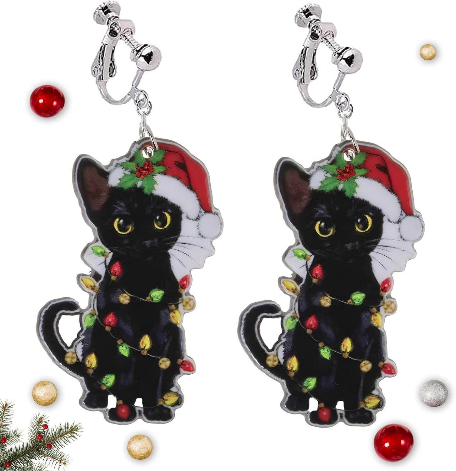 Christmas Clip On Earrings for Women, Non Pierced Dangle Jewelry, Black Pet Cute Cat Sock Stocking Retro Acrylic Holiday Festive Dangle Earrings