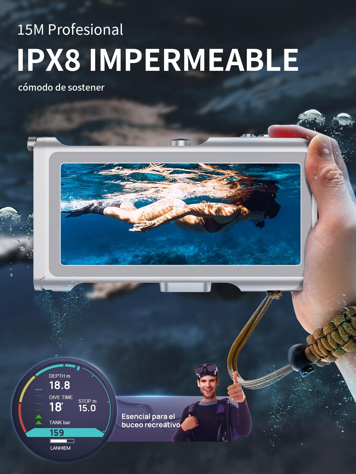 Lanhiem Funda Impermeable Profesional subacuática IP68 15M - para teléfonos iPhone, Samsung, Huawei y Xiaomi (hasta 6,9"). Control fotográfico Bluetooth y brújula para Tus Aventuras, Gris